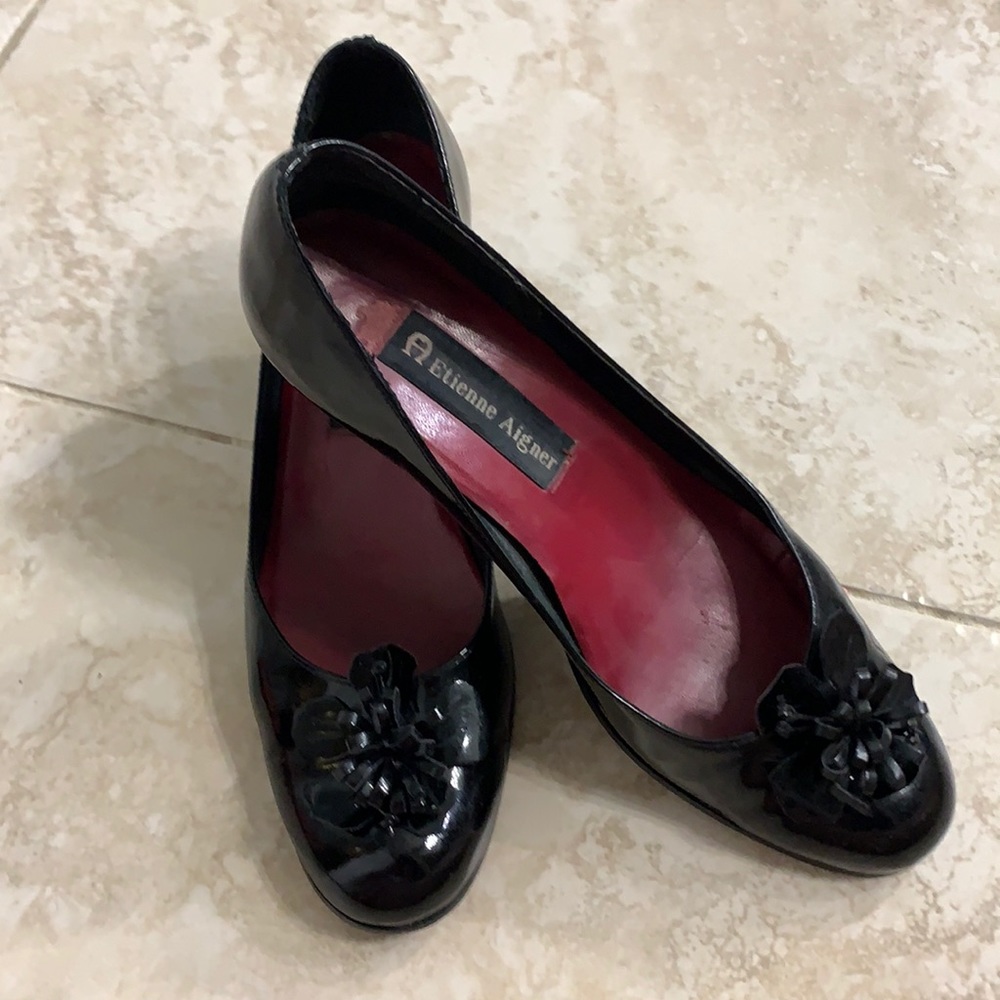 Etienne Aigner 1.5” Black Paton Leather Pumps